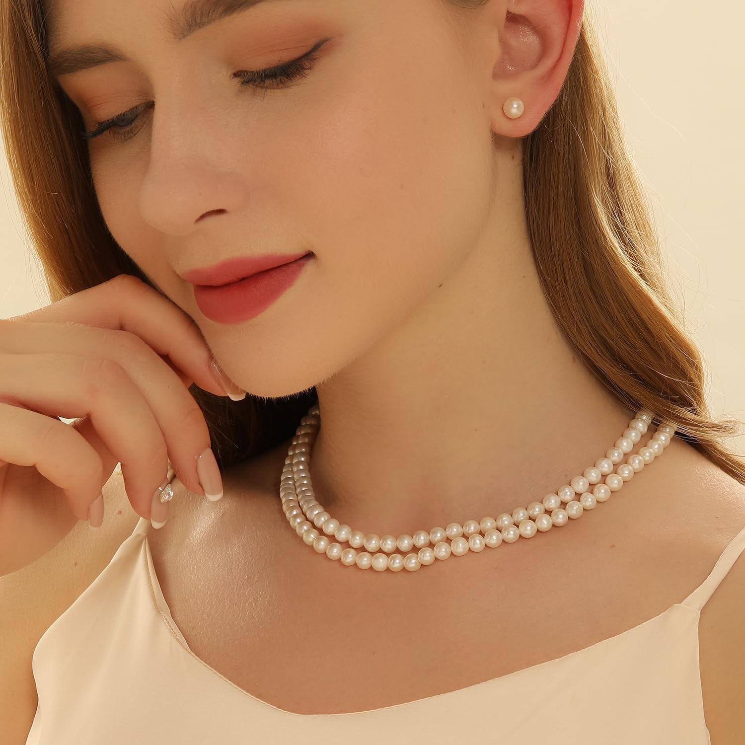 女性用ホワイト淡水真珠ネックレス | 6.5～7mm ラウンドホワイトパール、925 スターリングシルバーチェーン付き