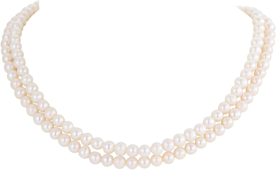 女性用ホワイト淡水真珠ネックレス | 6.5～7mm ラウンドホワイトパール、925 スターリングシルバーチェーン付き